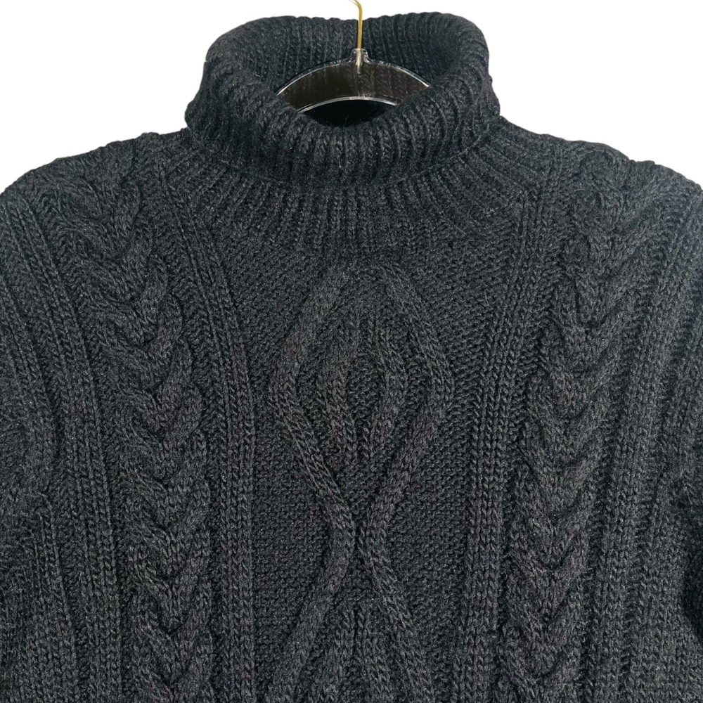 J.Crew Women Fisherman Cable Knit Sweater M Black Vintage Turtleneck 100% Wool